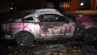 A Mustang vandalized and put burning on November 18, 2016. (PPB)