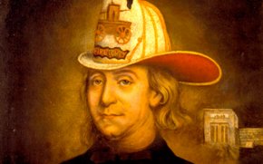 Benjamin Franklin in a Union Fire Company consistent in front of the Union Fire business building. (c. 1850 by Charles Washington Wright, Smithsonian Institution Archives)