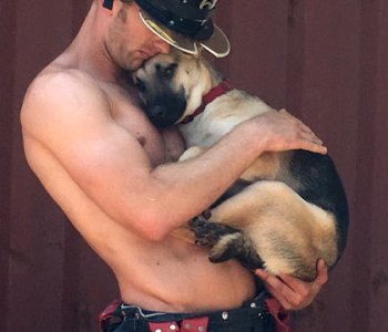 Rob Tackett and Kimber posing when it comes to Charleston Animal Society diary shoot. (Photo/Charleston Animal Society)